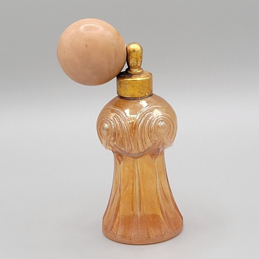 Vintage Orange Blown Art Glass Bottle Perfume Atomizer Spray Metal 4.75 in